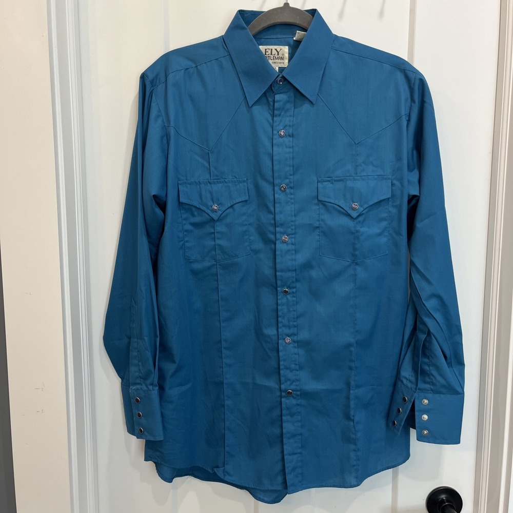 Ely Cattleman Western Shirt 15.5/33 Blue Pearlsnap Long Sleeve Cowboy Ranch
